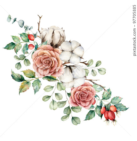 Watercolor autumn bouquet with roses, cotton, dogroses and eucalyptus branches. Hand painted rustic card isolated on white background. Floral illustration for design, print, fabric or background. Watercolor autumn bouquet with roses, cotton, dogroses and eucalyptus branches. Hand painted rustic card isolated on white background. Floral illustration for design, print, fabric or background. 97705885