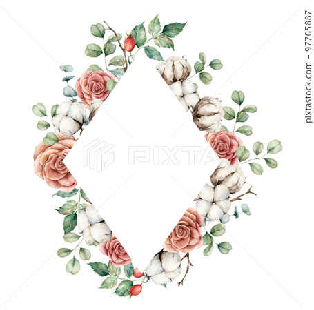 Watercolor autumn frame with roses, cotton, dogroses and eucalyptus branches. Hand painted rustic card isolated on white background. Floral illustration for design, print, fabric or background. Watercolor autumn frame with roses, cotton, dogroses and eucalyptus branches. Hand painted rustic card isolated on white background. Floral illustration for design, print, fabric or background. 97705887