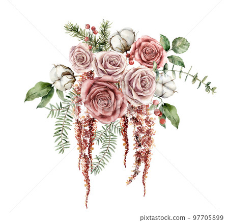 Watercolor Christmas bouquet with pink roses, cotton and fir branches. Hand painted holiday card with flowers and leaves isolated on white background. Illustration for design, print or background. Watercolor Christmas bouquet with pink roses, cotton and fir branches. Hand painted holiday card with flowers and leaves isolated on white background. Illustration for design, print or background. 97705899