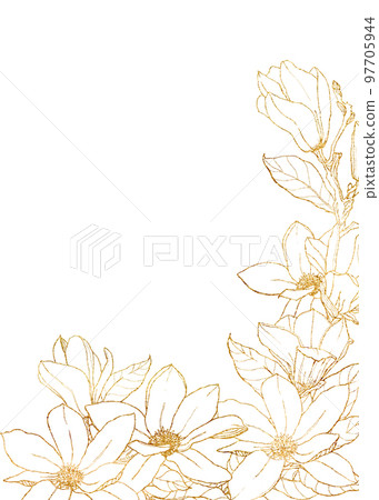 Watercolor golden magnolias frame. Hand painted spring flowers and leaves isolated on white background. Floral line art illustration for design, print, fabric or background. 97705944