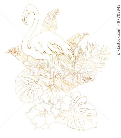 Watercolor gold bouquet with flamingo, banana branches and hibiscus. Hand painted linear bird, flowers and leaves isolated on white background. Floral illustration for design, print or background. Watercolor gold bouquet with flamingo, banana branches and hibiscus. Hand painted linear bird, flowers and leaves isolated on white background. Floral illustration for design, print or background. 97705945
