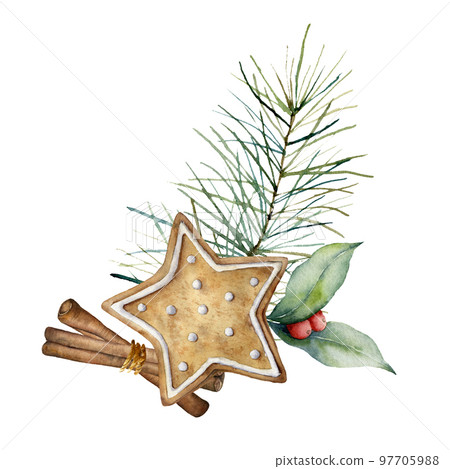 Watercolor Christmas card with cookie. Hand painted composition with cinnamon, red berries and pine branches isolated on white background. Food illustration for design, print, fabric or background. 97705988
