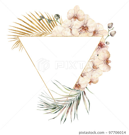 Watercolor golden frame with orchids, buds and coconut leaves. Hand painted tropical card with palm leaves isolated on white background. Floral illustration for design, print or background. 97706014