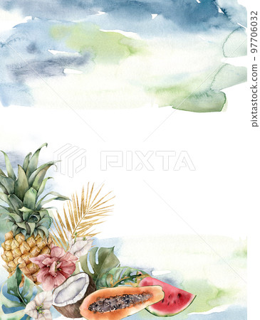 Card with watercolor tropical fruits and flowers. Hand painted coconut, papaya, watermelon, hibiscus and palm leaves on white background. Food illustration for design, print, fabric or background. Card with watercolor tropical fruits and flowers. Hand painted coconut, papaya, watermelon, hibiscus and palm leaves on white background. Food illustration for design, print, fabric or background. 97706032