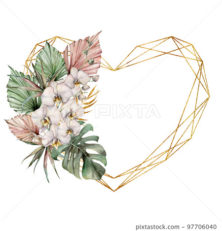 Watercolor polygonal golden heart with orchids and monstera. Hand drawn frame with leaves and berries isolated on white background. Botanical illustration of love. Greeting template for design. 97706040