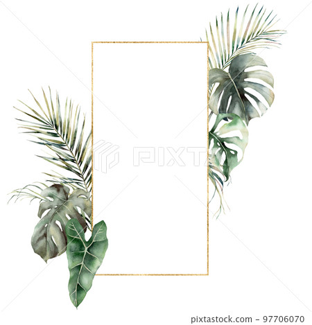 Watercolor golden frame with monstera and palm leaves. Hand painted tropical card with philodendron isolated on white background. Floral illustration for design, print or background. Summer template. Watercolor golden frame with monstera and palm leaves. Hand painted tropical card with philodendron isolated on white background. Floral illustration for design, print or background. Summer template. 97706070