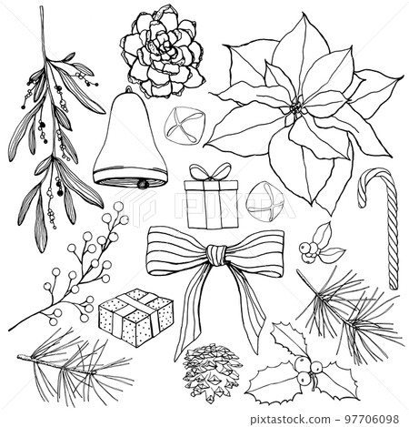 Vector linear set with Christmas symbols. Hand painted poinsettia, bow, bells, pine and eucalyptus branch isolated on white background. Holiday illustration for design, print, fabric, background. 97706098