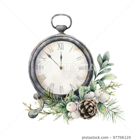Watercolor vintage table clock with pine cone. Christmas illustration with vintage watch isolated on white background. Five minutes to twelve o'clock of new year. For design, print, background. Watercolor vintage table clock with pine cone. Christmas illustration with vintage watch isolated on white background. Five minutes to twelve o'clock of new year. For design, print, background. 97706120