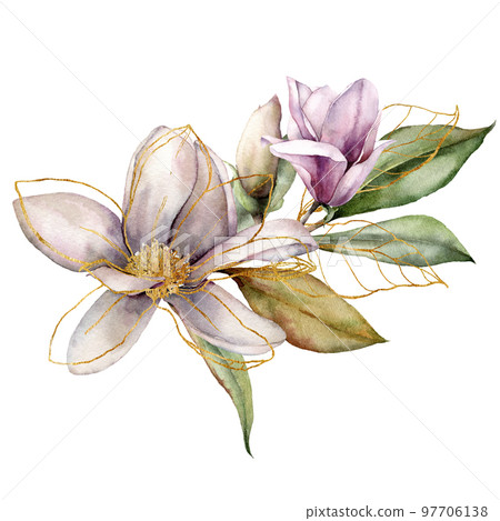 Watercolor bouquet with golden magnolias, leaves and branch. Hand painted floral card with flowers isolated on white background. Spring line art illustration for design, print, fabric or background. Watercolor bouquet with golden magnolias, leaves and branch. Hand painted floral card with flowers isolated on white background. Spring line art illustration for design, print, fabric or background. 97706138
