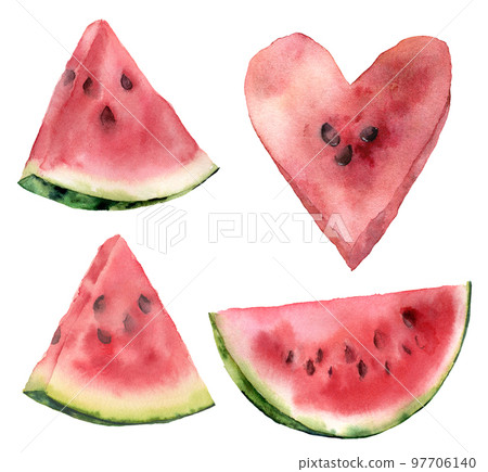 Set of watercolor watermelon. Hand painted fruit slices isolated on white background. Food illustration for design, print, fabric or background. 97706140