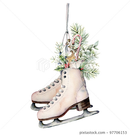Watercolor skates with winter floral decor, candies. Hand painted fir branches, berries, holly and cookies isolated on white background. Christmas illustration for design, print, fabric or background. Watercolor skates with winter floral decor, candies. Hand painted fir branches, berries, holly and cookies isolated on white background. Christmas illustration for design, print, fabric or background. 97706153