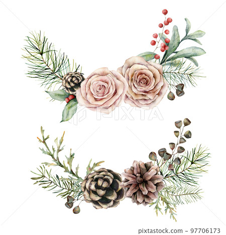 Watercolor roses, pine cone and branch set. Hand painted floral composition. Vintage flowers, seeds and red berries isolated on white background. Botanical illustration for design, print, background. Watercolor roses, pine cone and branch set. Hand painted floral composition. Vintage flowers, seeds and red berries isolated on white background. Botanical illustration for design, print, background. 97706173