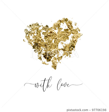 Watercolor card with golden heart. Hand painted With love phrase isolated on white background. Template for new year or valentine's day. Holiday illustration for design or print. Watercolor card with golden heart. Hand painted With love phrase isolated on white background. Template for new year or valentine's day. Holiday illustration for design or print. 97706198