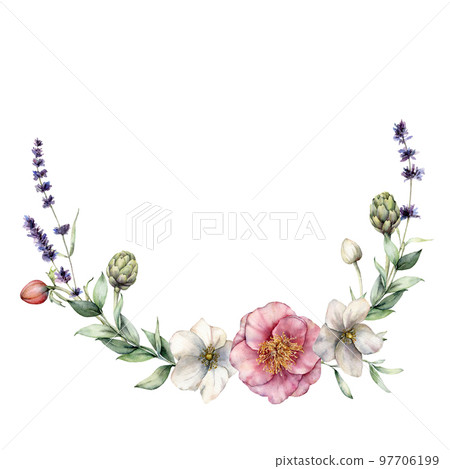 Watercolor floral wreath with anemones and lavender. Hand painted flowers, artichoke, buds and leaves isolated on white background. Spring illustration for design, print, fabric or background. Watercolor floral wreath with anemones and lavender. Hand painted flowers, artichoke, buds and leaves isolated on white background. Spring illustration for design, print, fabric or background. 97706199
