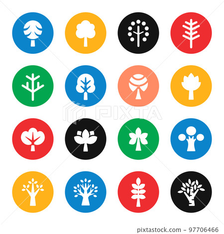 Trees vector icon set. Collection of tree designs in trendy modern colours. 97706466