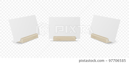 Vector 3d Realistic White Empty Blank Paper Sheet, Card on Wooden Holder, Stand Icon Set Closeup Isolated. Design Template for Mockup, Menu Frame, Booklets. Acrylic Tent Card. Front, Side View 97706585