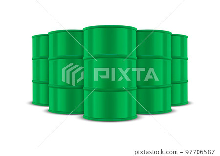 Vector 3d Realistic Five Green Barrels, Hazard Liquid. Caution Barrel, Radioactive, Hazardous Chemical Materials, Toxic Pollution, Many Danger Barrels, Set Closeup Isolated. Front View 97706587