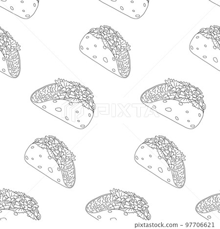 Seamless pattern from Tacos looking in different directions. Latin American cuisine. Mexican food Seamless pattern from Tacos looking in different directions. Latin American cuisine. Mexican food 97706621