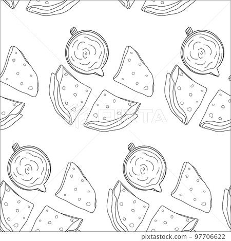 Endless pattern from Corn tortillas folded in triangle with sauce in gravy boat. Latin American food 97706622