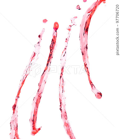 Red juice from splash in Air. Water red tomato pour from sky and purify clean natural. Wine shape form of water splashing flow celebrate over White background Isolated Red juice from splash in Air. Water red tomato pour from sky and purify clean natural. Wine shape form of water splashing flow celebrate over White background Isolated 97706720