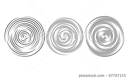 Concentric ripple circles set. Sonar or sound wave rings collection. Epicentre, target, radar icon concept. Radial signal or vibration elements. 97707155