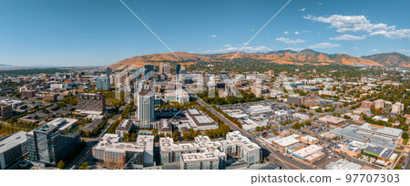 Aerial panoramic view of the Salt Lake City skyline Utah, USA. 97707303