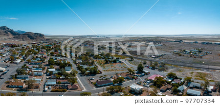 Aerial view of the Wendover city near Bonneville Salt Flats in Nevada. 97707334