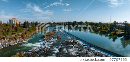 Aerial panoramic view of the waterfall in city of Idaho Falls, ID, USA. 97707363