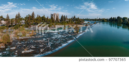 Aerial panoramic view of the waterfall in city of Idaho Falls, ID, USA. 97707365