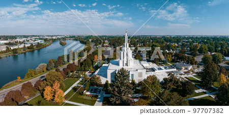 Aerial view of the Temple in the middle of the city, USA. 97707382