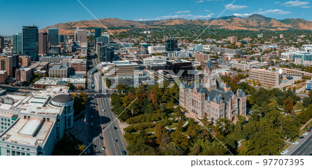 Aerial panoramic view of the Salt Lake City skyline Utah, USA. 97707395