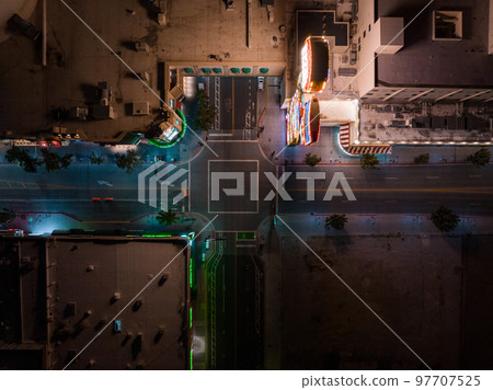 Aerial view of the skyline of Reno Nevada USA at night. City lights, night streets and casinos in Reno, USA. Aerial view of the skyline of Reno Nevada USA at night. City lights, night streets and casinos in Reno, USA. 97707525