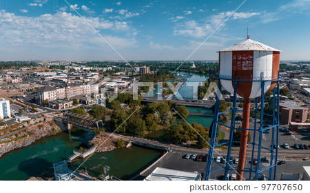 Aerial panoramic view of the waterfall in city of Idaho Falls, ID, USA. 97707650