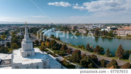 Aerial view of the Temple in the middle of the city, USA. 97707653