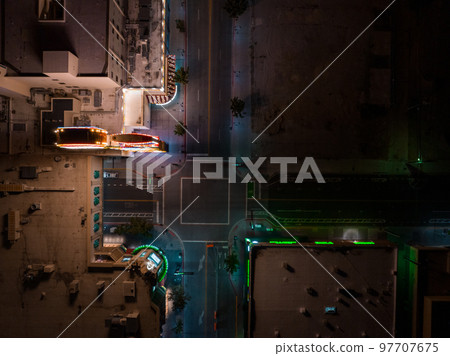 Aerial view of the skyline of Reno Nevada USA at night. City lights, night streets and casinos in Reno, USA. 97707675