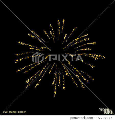 Golden fireworks, background explosion, burst plume golden texture, crumbs. Isolated gold dust. Celebration jewelry, carefully placed by hand. Jewel confetti firework. Burning pyrotechnic. Vector 97707947