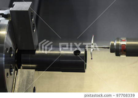 The modular touch probe checking the tube parts on CNC lathe machine. 97708339