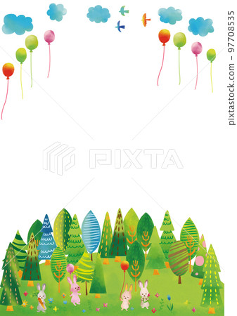 Scandinavian style rabbit, forest and sky (bird/balloon) frame vertical 97708535