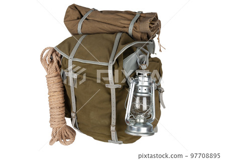 Antique vintage backpack with rope and gas lantern Antique vintage backpack with rope and gas lantern 97708895