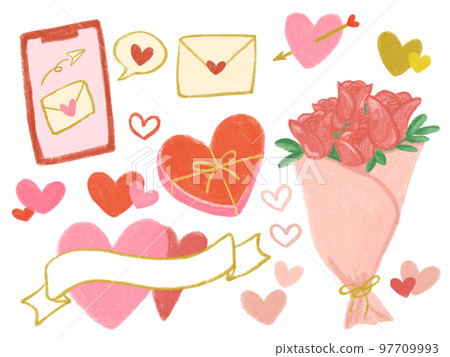 Pink and red and gold Valentine's day colorful hand drawn illustration set 97709993