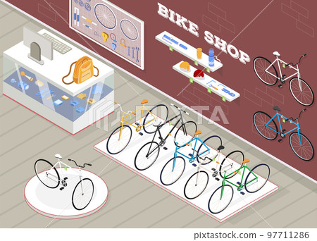 Bicycle Shop Isometric Background Bicycle Shop Isometric Background 97711286