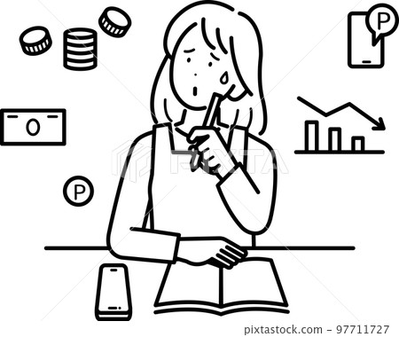 Illustration of a woman keeping a household account book while worrying about her finances (line drawing only) Illustration of a woman keeping a household account book while worrying about her finances (line drawing only) 97711727