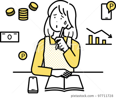 Illustration of a woman keeping a household account book while worrying about her household budget 97711728