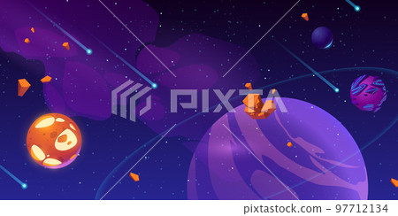 Meteors and rocky asteroids flying in outer space 97712134