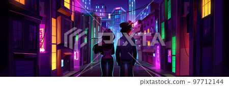 Silhouettes couple standing in night city street 97712144