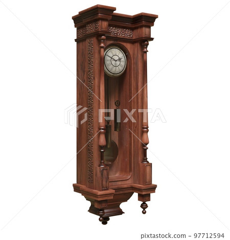 Vintage wooden clock isolated on white background. 3D illustration Vintage wooden clock isolated on white background. 3D illustration 97712594