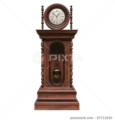 Vintage wooden clock isolated on white background. 3D illustration Vintage wooden clock isolated on white background. 3D illustration 97712630