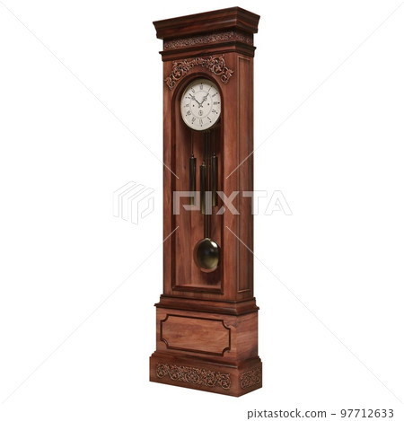 Vintage wooden clock isolated on white background. 3D illustration Vintage wooden clock isolated on white background. 3D illustration 97712633