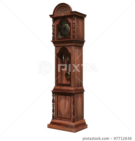 Vintage wooden clock isolated on white background. 3D illustration 97712636