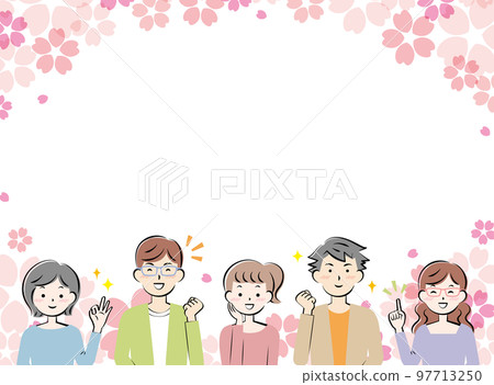 Frame of young men and women in casual clothes with cherry blossoms smile Frame of young men and women in casual clothes with cherry blossoms smile 97713250